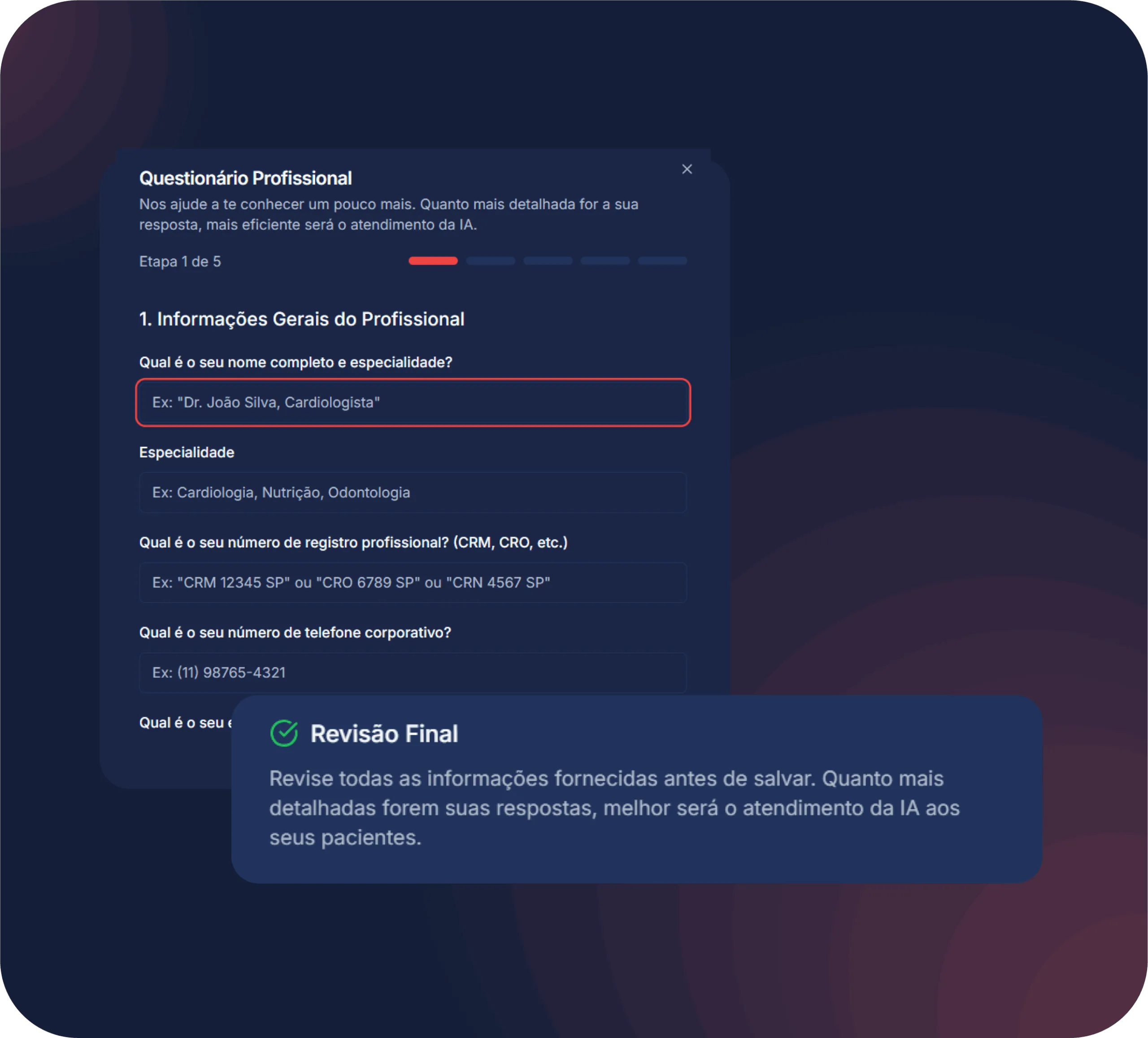 Passo 2: Preencha o questionário para personalização da IA